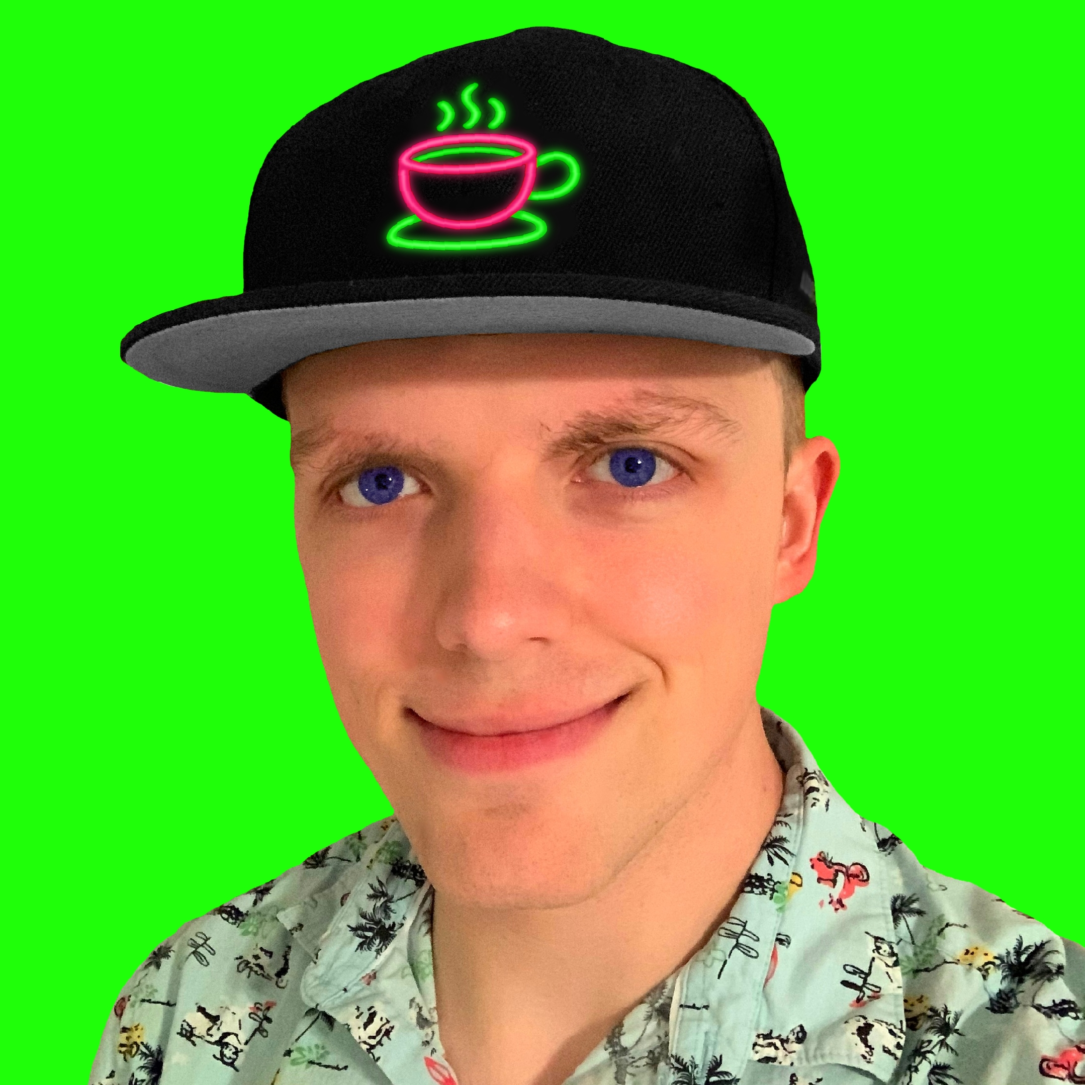 Photo of Brandon wearing a black baseball cap with a neon coffee cup branding icon in front of a fluorescent green background.